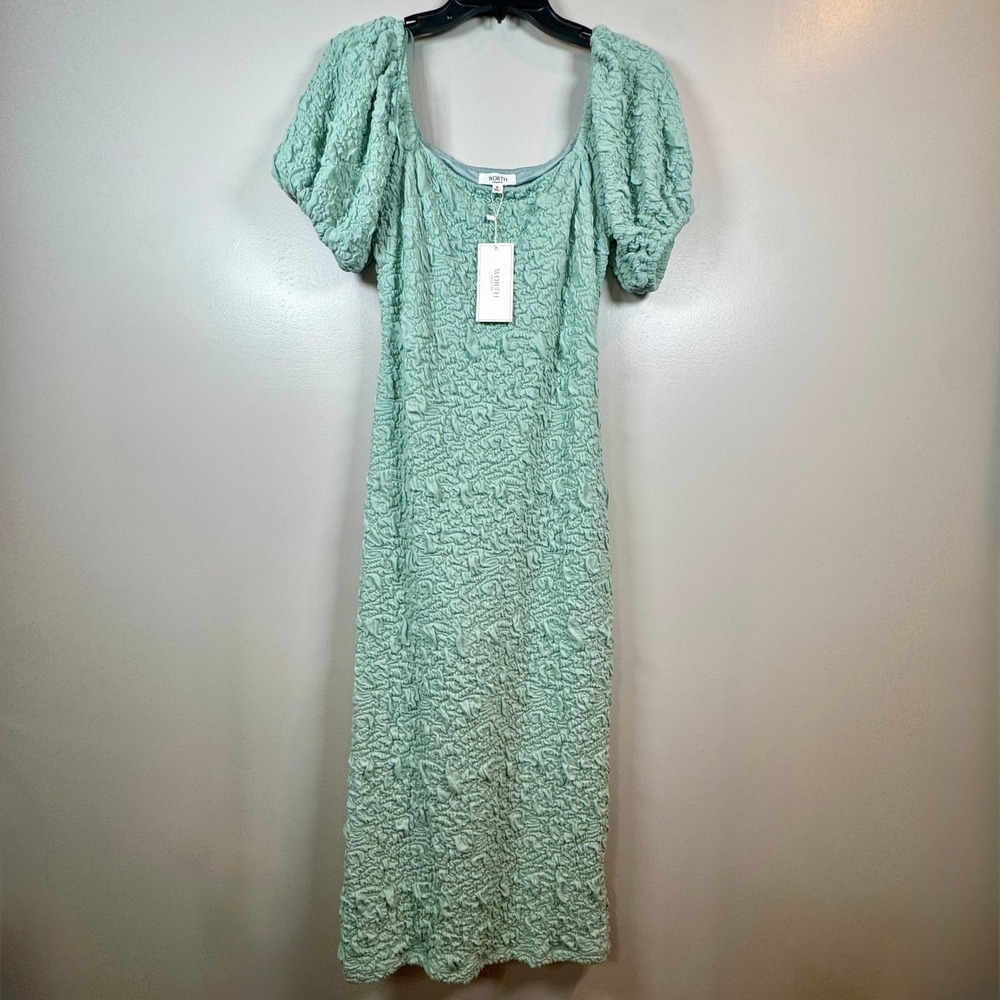 Worth Collective Mint Green Textured Puff Sleeve Midi Dress Coquette Cottagecore